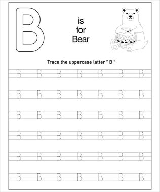 Eğlenceli yazdırılabilir çalışma tablosu çocukların B harfi iz sürmeyi ve ayı alfabesini öğrenmelerine yardımcı olur..