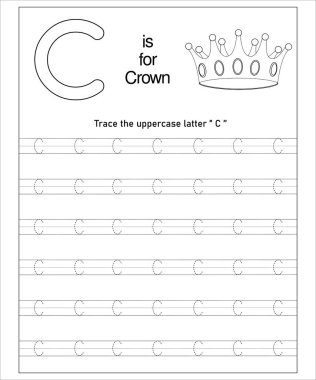 C harfi ve bir taç içeren okul öncesi alfabe takip çizelgesi. Eğlenceli erken eğitim aktivitesi.