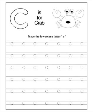 Sevimli bir yengeç içeren C harfi iz sürme çalışma tablosu. Anaokulu öğrencileri için ideal..