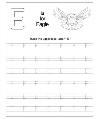 Eğlenceli okul öncesi baskı çalışma tablosu büyük E harfini kartal çizimi ile takip etmeyi öğretir.
