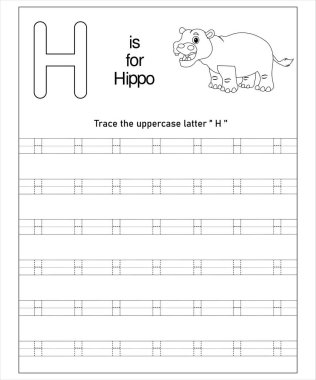 Büyük harf H ve hipopotam öğrenen çocuklar için eğlenceli yazdırılabilir izleme çalışma tablosu.