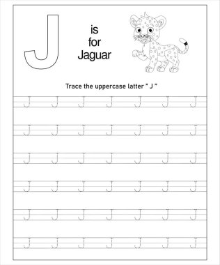 Bir jaguarın yer aldığı J harfli çalışma kâğıdı. Eğlenceli anaokulu aktivitesi.