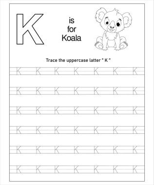 Şirin bir koalanın yer aldığı okul öncesi alfabe izleme çizelgesi. K harfine çalış..