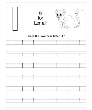 Bir lemur ve çocuklar için L harfi içeren okul öncesi alfabe çalışması..