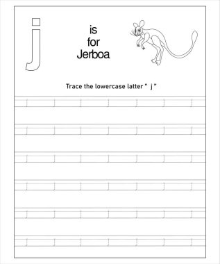 J harfi anaokulu öğrenimi için bir Jerboa içeren eğlenceli alfabe izleme çalışma tablosu