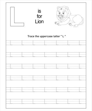 L harfi aslanının izini süren basılabilir anaokulu ödevi. Eğlenceli eğitim aktivitesi.