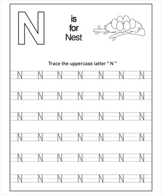 Yazdırılabilir N harfi. Anaokulu öğrencileri için mükemmel yumurtalı bir yuva içeriyor..