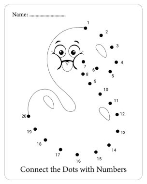 Yazdırılabilir, neşeli bir hayalet tasarımı olan çocuklar için nokta bulmacasını birleştirir. Kolay ve ilgi çekici aktivite.
