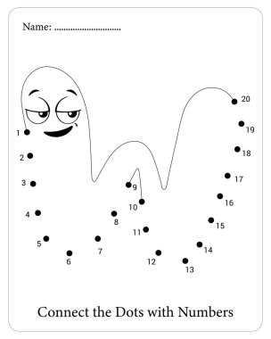 Üzerinde numaralandırılmış nokta bulmacası olan çocuk faaliyet sayfası meşgul ediliyor. Şirin bir hayalet çiz..