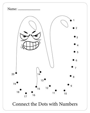 Yazdırılabilir Noktalar oyunu çocukların seveceği eğlenceli bir çizgi film karakteri içeriyor.