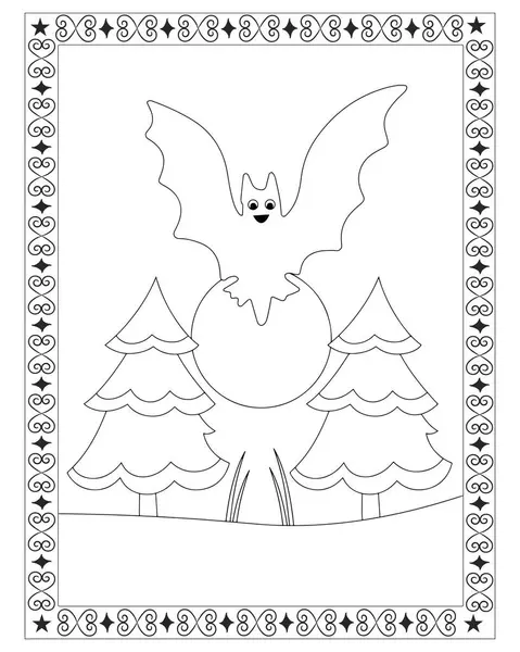 Dekoratif bir sınırla çerçevelenmiş ağaçların üzerinde uçan bir yarasanın basit bir çizimi. Renklendirmeye hazır.