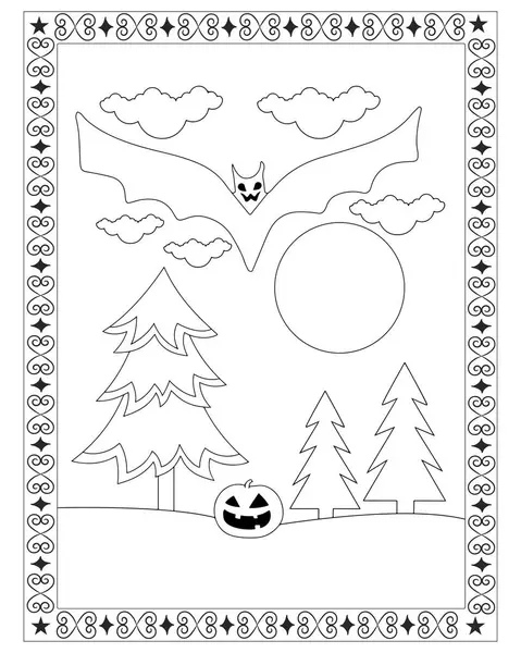 Bir yarasa, balkabağı, ağaçlar ve dekoratif çerçeve içeren siyah beyaz bir Cadılar Bayramı boyama sayfası..