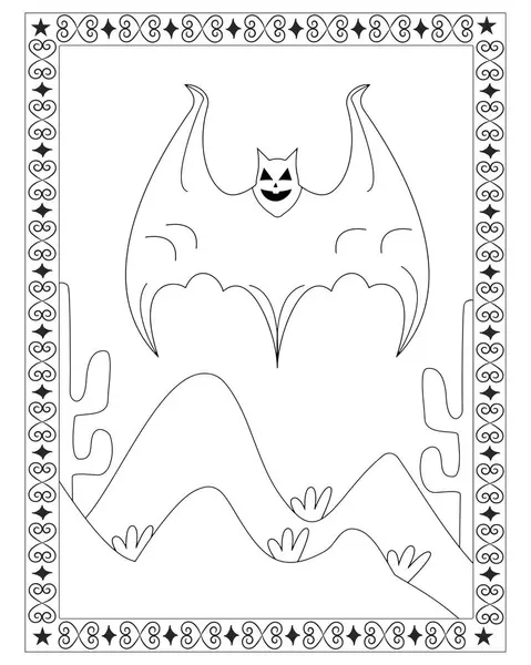 Bir yarasa, çöl manzarası ve dekoratif sınır içeren siyah beyaz bir Cadılar Bayramı boyama sayfası..