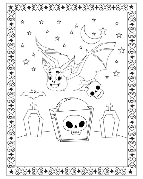 Bir karikatür yarasası, yıldızlı bir Cadılar Bayramı gökyüzünün altında kafatası tasarımlarıyla mezar taşlarının üzerinden uçar..