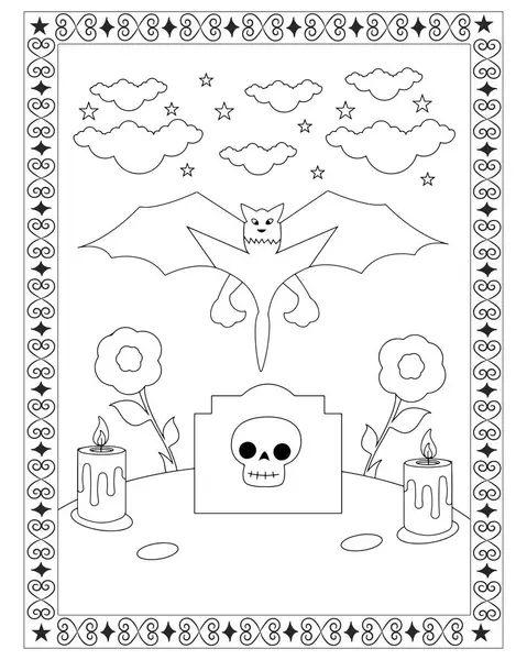 Bir yarasa, kafatası, mumlar, çiçekler ve yıldız ve bulutlarla dekoratif bir sınırın yer aldığı Cadılar Bayramı temalı bir renk sayfası..