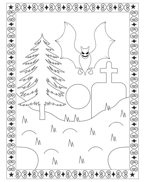 Siyah beyaz bir cadılar bayramı sahnesi. Yarasa, ağaç, mezar taşı, ay ve dekoratif sınır..