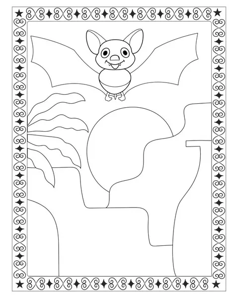 Bir yarasa, çöl ve dekoratif çerçeve içeren siyah beyaz çizgi film stili boyama sayfası.