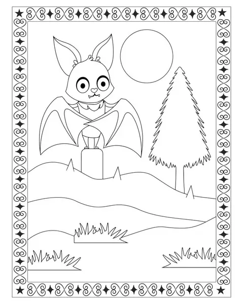 Siyah beyaz bir yarasa, ay ve ağaçla birlikte bir mezar taşının üzerinde duruyor..