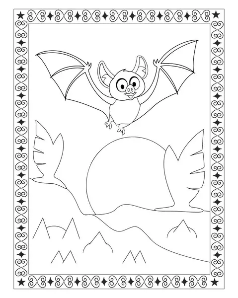 Çizgi film yarasası uzanmış kanatlarıyla tepelerin üzerinden uçar, dekoratif bir kenarla çerçevelenmiş, boyamaya hazır..