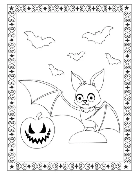 Bir yarasa, balkabağı ve dekoratif kenarlı siyah beyaz Cadılar Bayramı boyama sayfası.