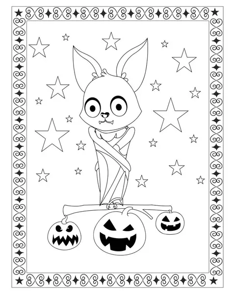 Çizgi film yarasası, arka planda yıldızlar olan balkabaklarının üzerinde duruyor..