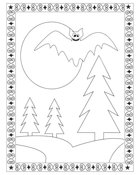 Bir yarasa, ay, ağaç ve süslü kenarlı siyah beyaz Cadılar Bayramı boyama sayfası.