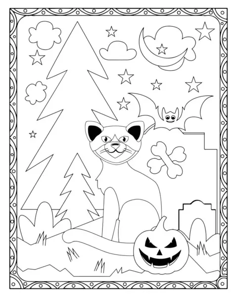 Kedi, balkabağı, yarasa, ağaçlar ve ürkütücü elementlerle dolu Cadılar Bayramı temalı bir renk sayfası..