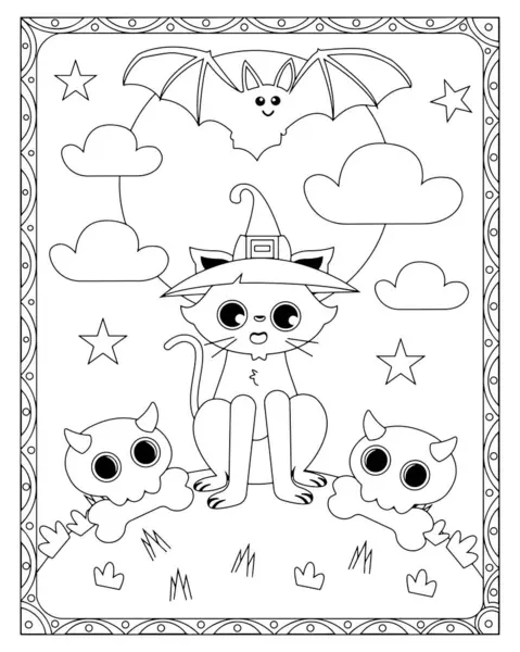 Cadılar Bayramı boyama sayfasında cadı şapkası, yarasa, kafatası ve yıldızlı bir kedi var..