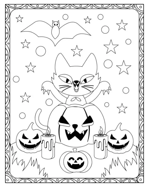 Cadılar Bayramı temalı bir renk sayfası. Balkabağı üzerinde bir kedi, ürkütücü elementlerle çevrili..