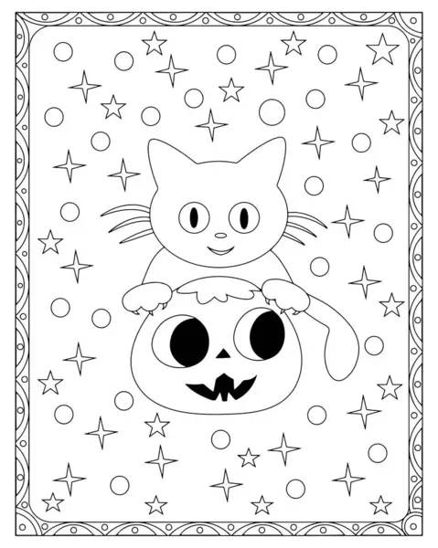 Bir kedi, balkabağı, yıldızlar ve daireler içeren siyah beyaz bir Cadılar Bayramı renklendirme sayfası..