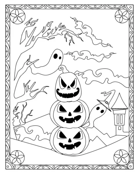 Cadılar Bayramı boyama sayfasında balkabakları, hayaletler, perili bir ev ve dekoratif bir sınır var..