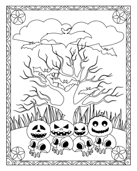 Cadılar Bayramı boyama sayfasında kabaklar, kafatasları, yarasalar, bir ağaç ve dekoratif bir sınır yer alıyor..