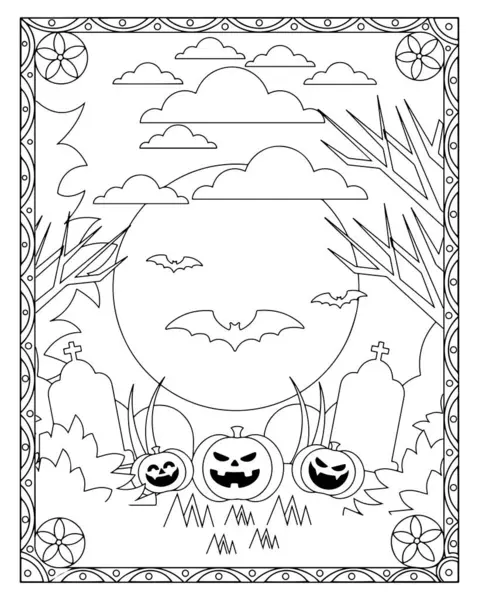 Cadılar Bayramı renklendirme sayfasında balkabakları, yarasalar, mezar taşları, ağaçlar, bulutlar ve dekoratif bir sınır yer alıyor..