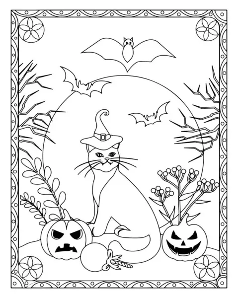 Cadılar Bayramı temalı boyama sayfasında kedi, balkabağı, yarasa ve dekoratif kenar var..