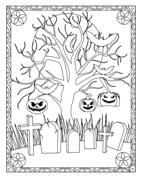 Cadılar Bayramı boyama sayfasında bir mezarlık, ağaç, balkabağı, yarasalar ve dekoratif çerçeve yer alıyor.