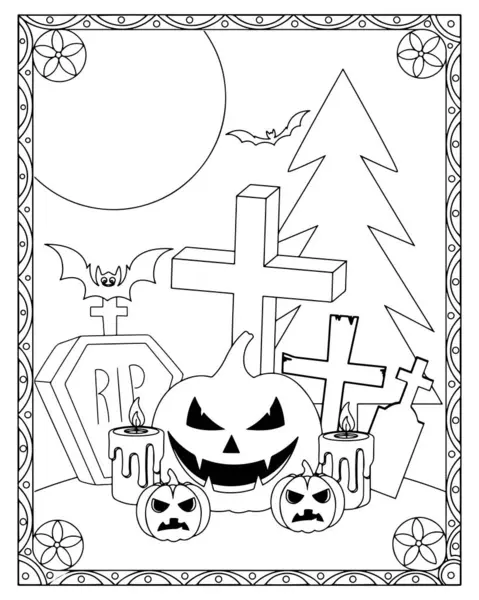 Cadılar Bayramı boyama sayfasında balkabakları, mezar taşları, yarasalar, mumlar ve bir ağaç var..