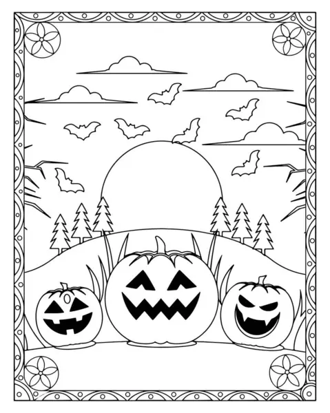 Cadılar Bayramı temalı boyama sayfasında balkabakları, yarasalar, ağaçlar ve dekoratif bir sınır yer alıyor..