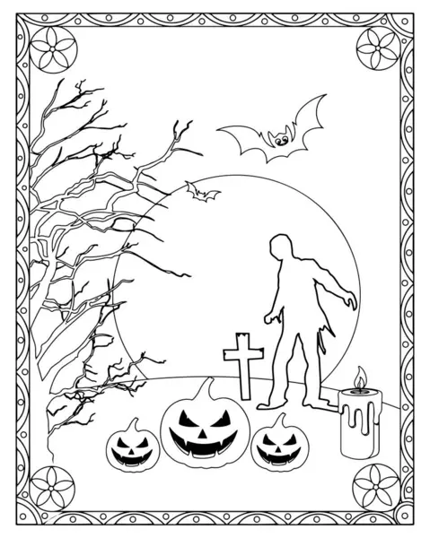 Cadılar Bayramı boyama sayfasında balkabakları, bir zombi, yarasalar, dolunay ve bir mum var..