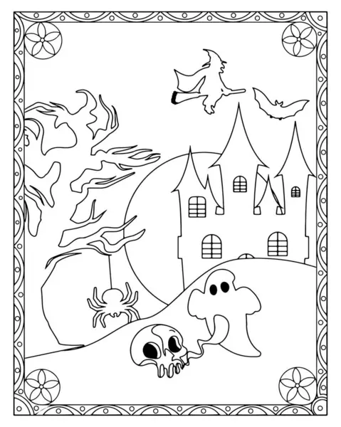 Cadılar Bayramı boyama sayfasında perili bir ev, cadı, hayalet, yarasa ve kafatası var..