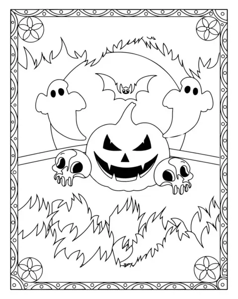 Cadılar Bayramı boyama sayfasında balkabağı, hayalet, yarasa, kafatası ve dekoratif çerçeve var..