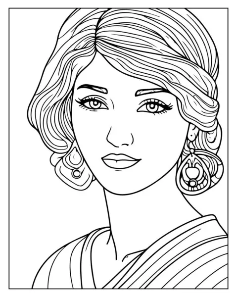 Süslü küpeleri olan bir kadının olduğu ayrıntılı çizgi boyama sayfası. Yetişkinler için mükemmel.