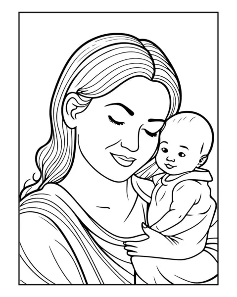 Sevgi dolu anne bebeğini kucağında tutuyor, boyama kitapları için mükemmel..