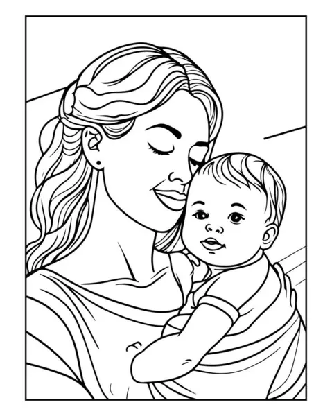 Sevimli anne bebeğini kucağında tutuyor, mükemmel boyama kitabı sayfası..