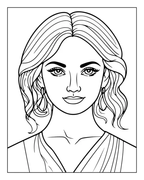 Güzel bir kadın yetişkinler için boyama kitabı sayfasına bakıyor. Karmaşık çizgi sanatı.