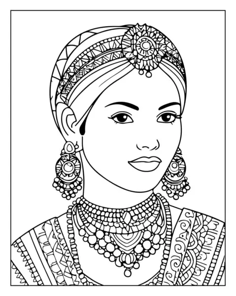 Yetişkin boyama kitabı sayfasında süslü püslü bir kadın var..