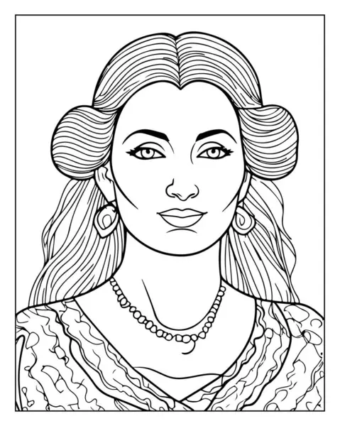 Zarif bir kadının yer aldığı ayrıntılı boyama kitabı sayfası. Yetişkinler için karmaşık çizgi sanatı.
