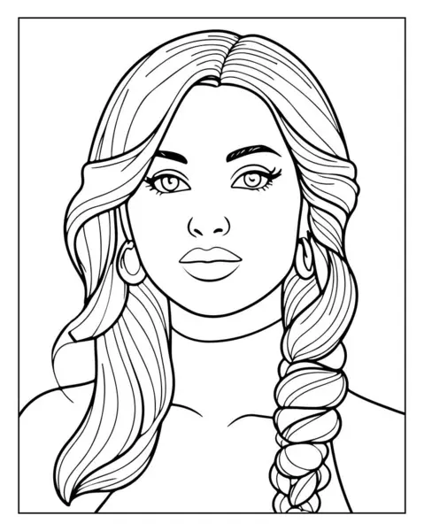 Güzel kadın boyama sayfası, çizgi sanatı tarzı. Yetişkinler için mükemmel. Ayrıntılı örgü saç.