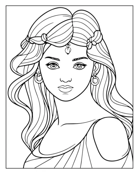 Ayrıntılı satır Güzel kadın yetişkin boyama kitabı sayfası.