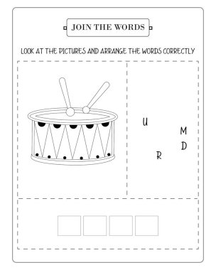 Çalışma kağıdında bir davul resmi ve şifreli harfler var. Çocukları onları doğru sıralamaya ve 