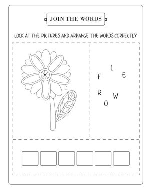 Çalışma kağıdında bir çiçek resmi ve çocuklar için heceleme ve sözcük dağarcığı çalışması için tasarlanmış 